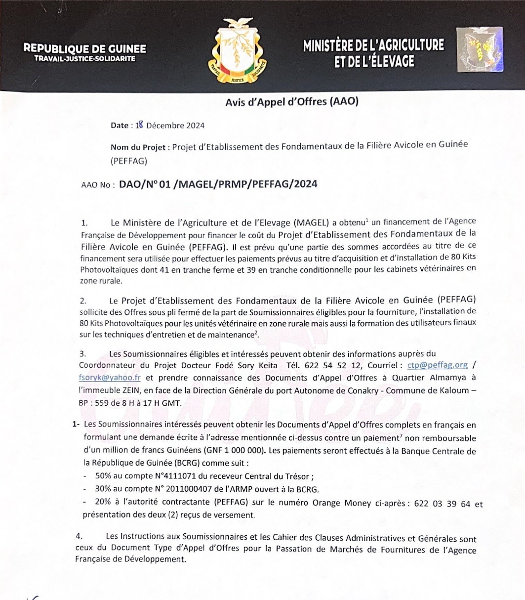 Avis d'appel d'offres pour le d'acquisition et d'installation de 80 kits photovoltaïques dont 41 en tranche ferme et 39 en tranche conditionnelle | Page 1