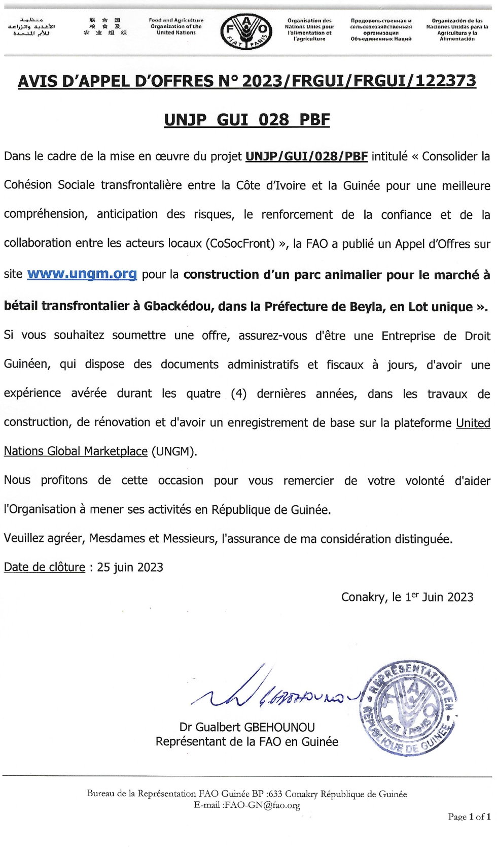 Avis d'appel d'offres pour la construction d’un parc animalier pour le marché à bétail transfrontalier à Gbackédou, dans la Préfecture de Beyla, en Lot unique