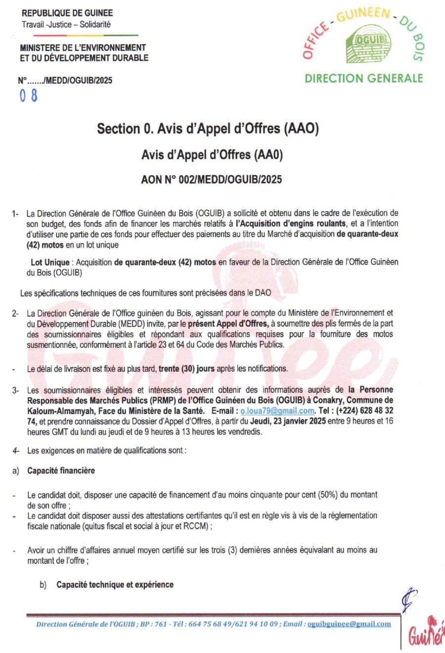Avis d'appel d'offres pour le Marché d'acquisition de quarante-deux (42) motos en un lot unique Lot Unique | Page 1