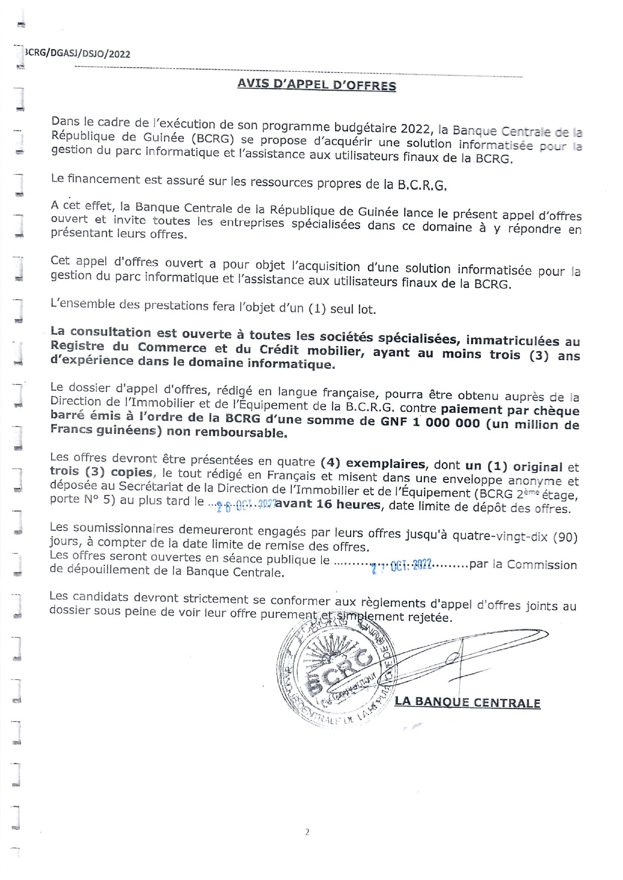 Avis d'appel d'offres pour l'acquisition d'une solution informatisée pour la gestion du parc informatique et l'assistance aux utilisateurs finaux de la BCRG
