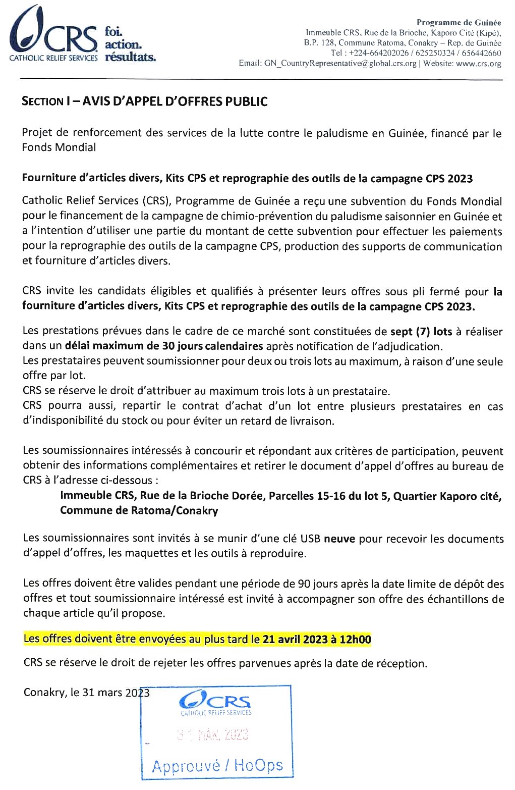 Avis d’appel d’offres public pour la fourniture d’articles divers : kits CPS, et reprographie des outils de la campagne CPS 2023