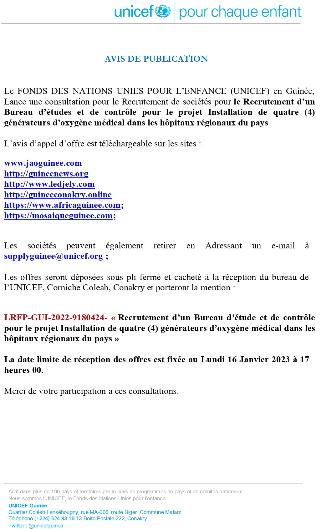 Avis d'appel d'offres pour le Recrutement d’un Bureau d’études et de contrôle pour le projet Installation de quatre (4) générateurs d’oxygène médical dans les hôpitaux régionaux du pays