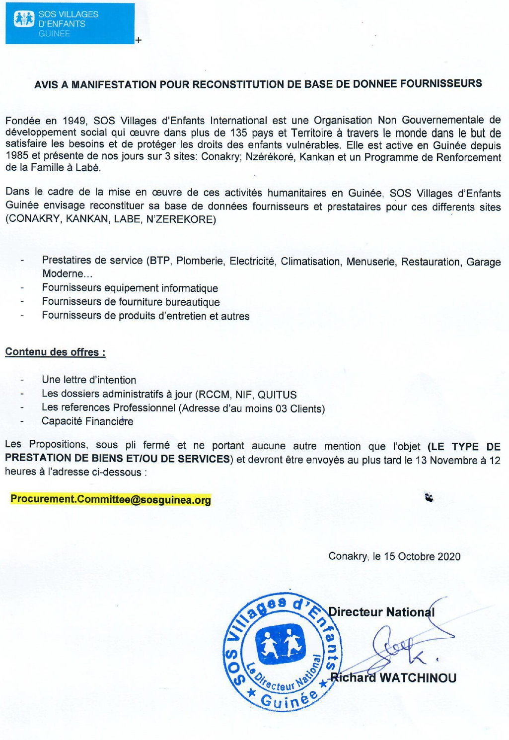 Avis à Manifestation d'Intérêt pour Reconstitution de Base de Donnée Fournisseurs - Appel d'Offre sos villages d'enfants guinée sur digijob