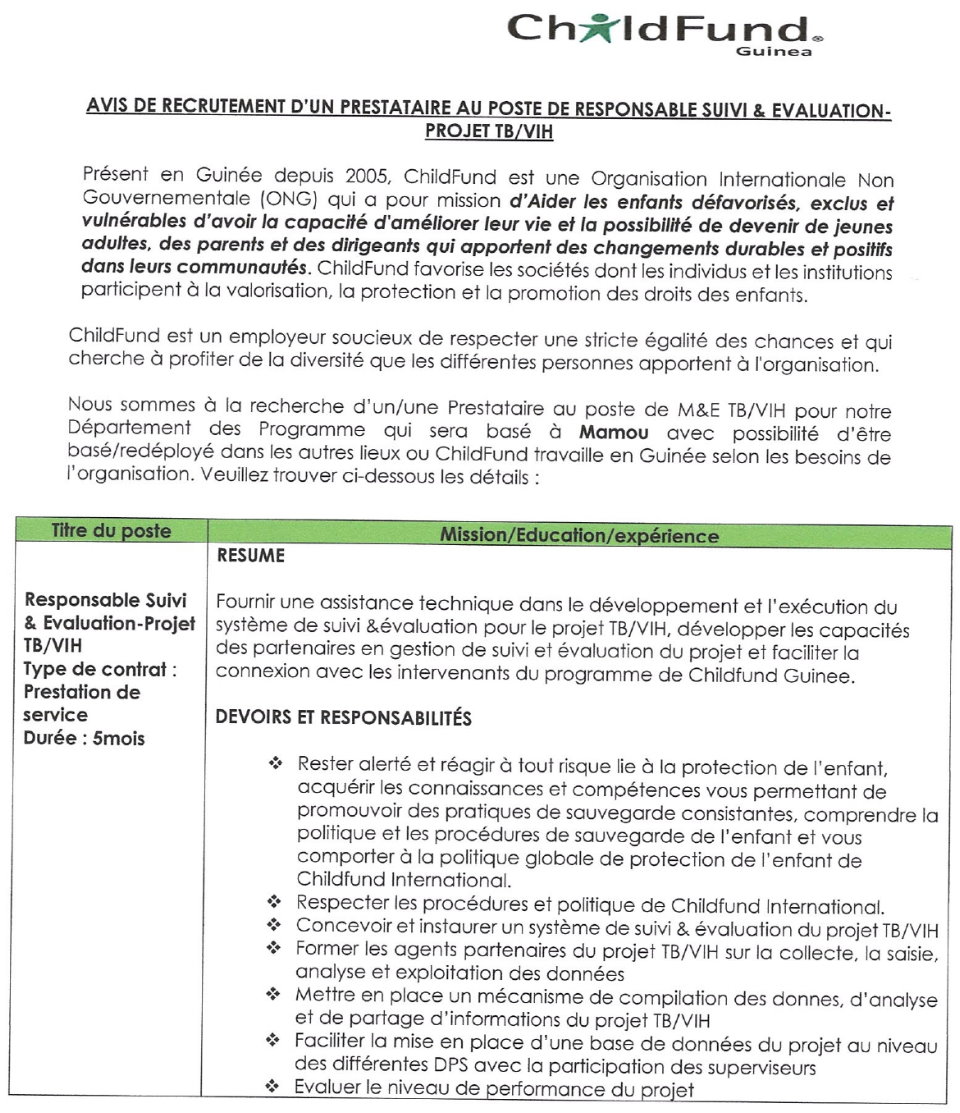 AVIS DE RECRUTEMENT D’UN PRESTATAIRE AU POSTE DE RESPONSABLE SUIVI &amp; EVALUATION-PROJET TB/VIH | Page 1