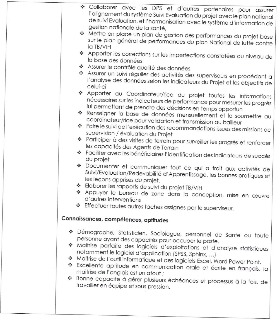 AVIS DE RECRUTEMENT D’UN PRESTATAIRE AU POSTE DE RESPONSABLE SUIVI &amp; EVALUATION-PROJET TB/VIH | Page 2