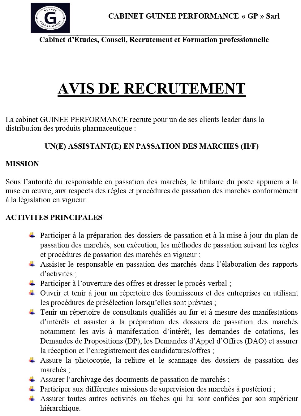 Avis De Recrutement D'un(E) Assistant(E) En Passation Des Marches (H/F) | page 1