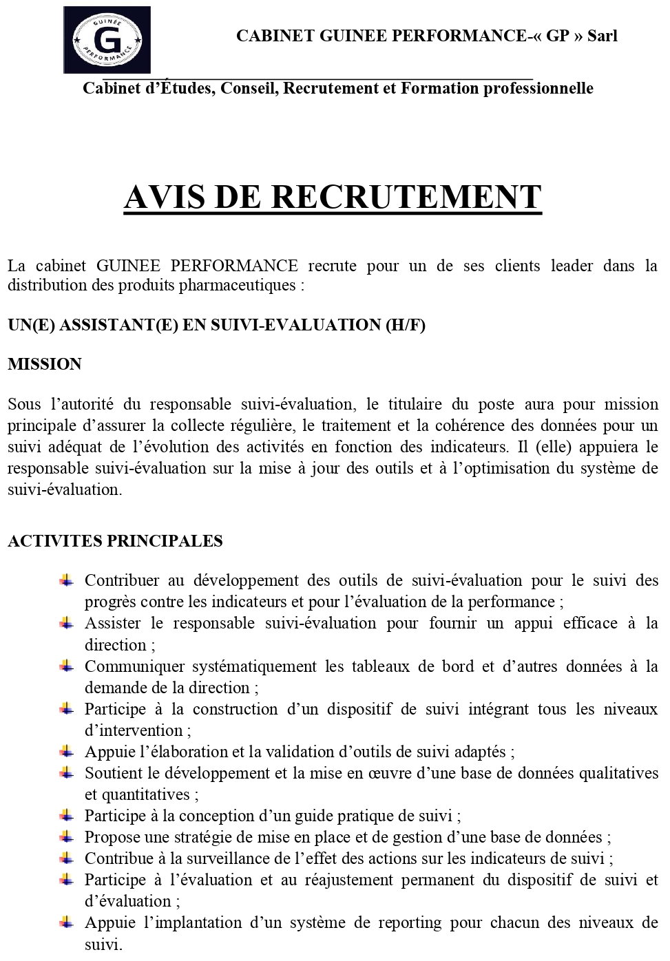 Avis De Recrutement D'un(e) Assistant(e) En Suivi-Evaluation (H/F) | page 1