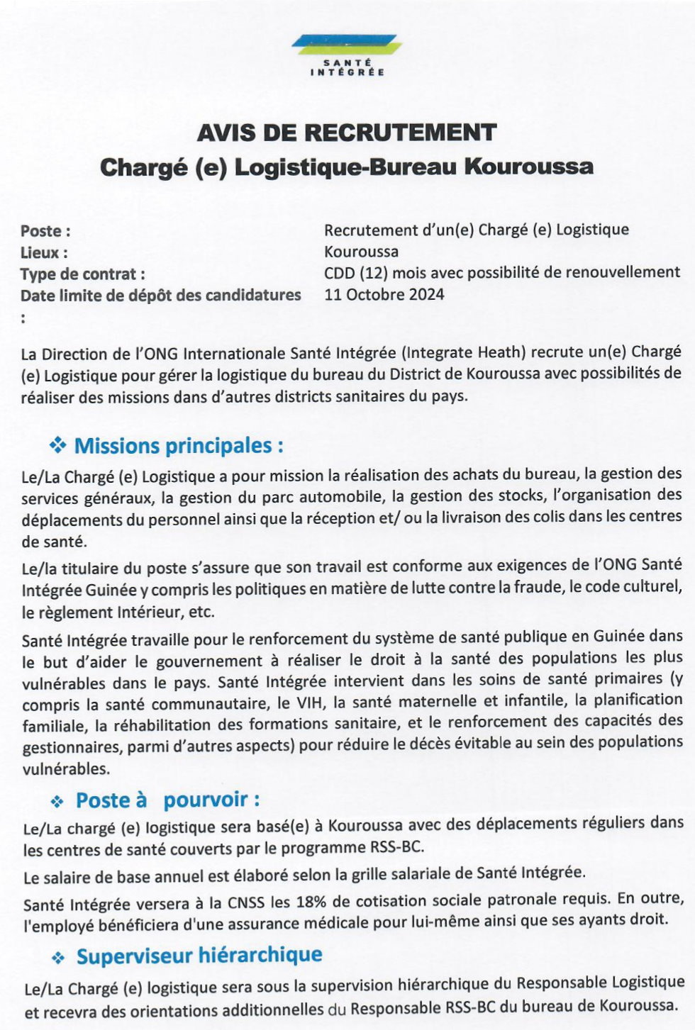 Avis de recrutement d'un (e) Chargé (e) Logistique-Bureau Kouroussa | Page 1