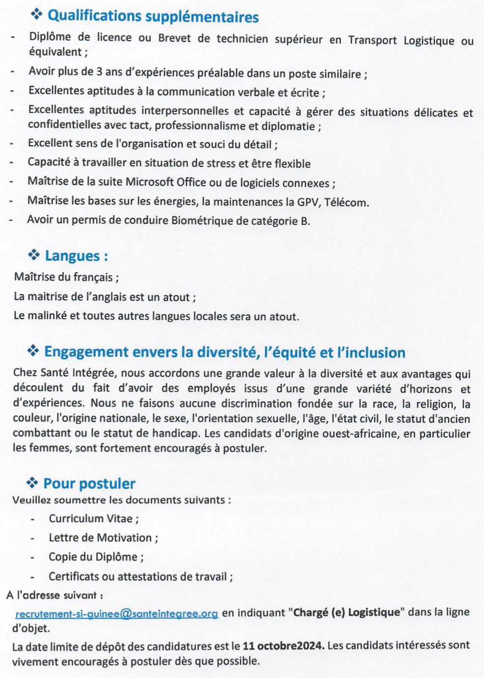Avis de recrutement d'un (e) Chargé (e) Logistique-Bureau Kouroussa | Page 3
