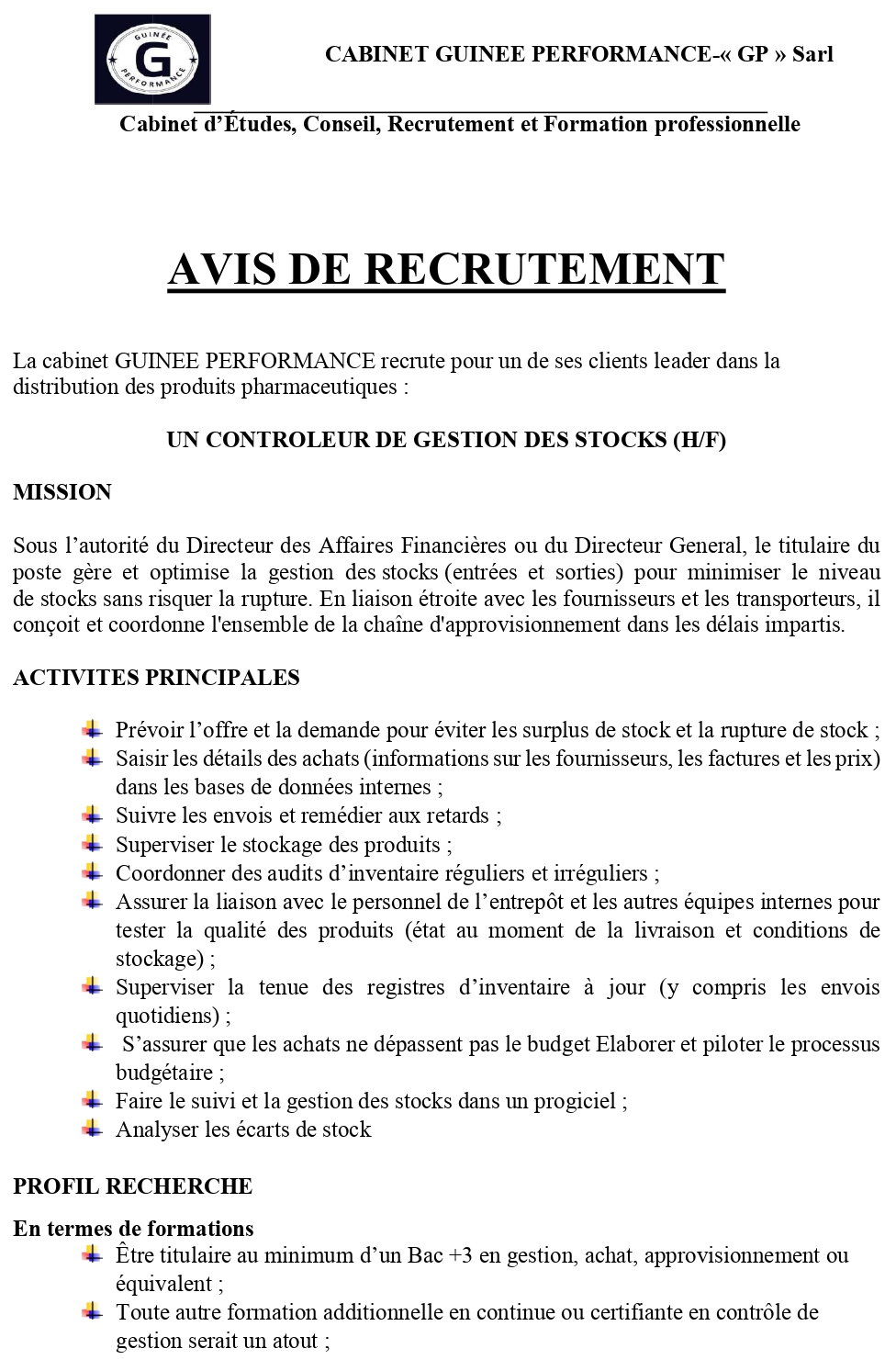 Avis De Recrutement D'un Controleur De Gestion Des Stocks (H/F) | page 1