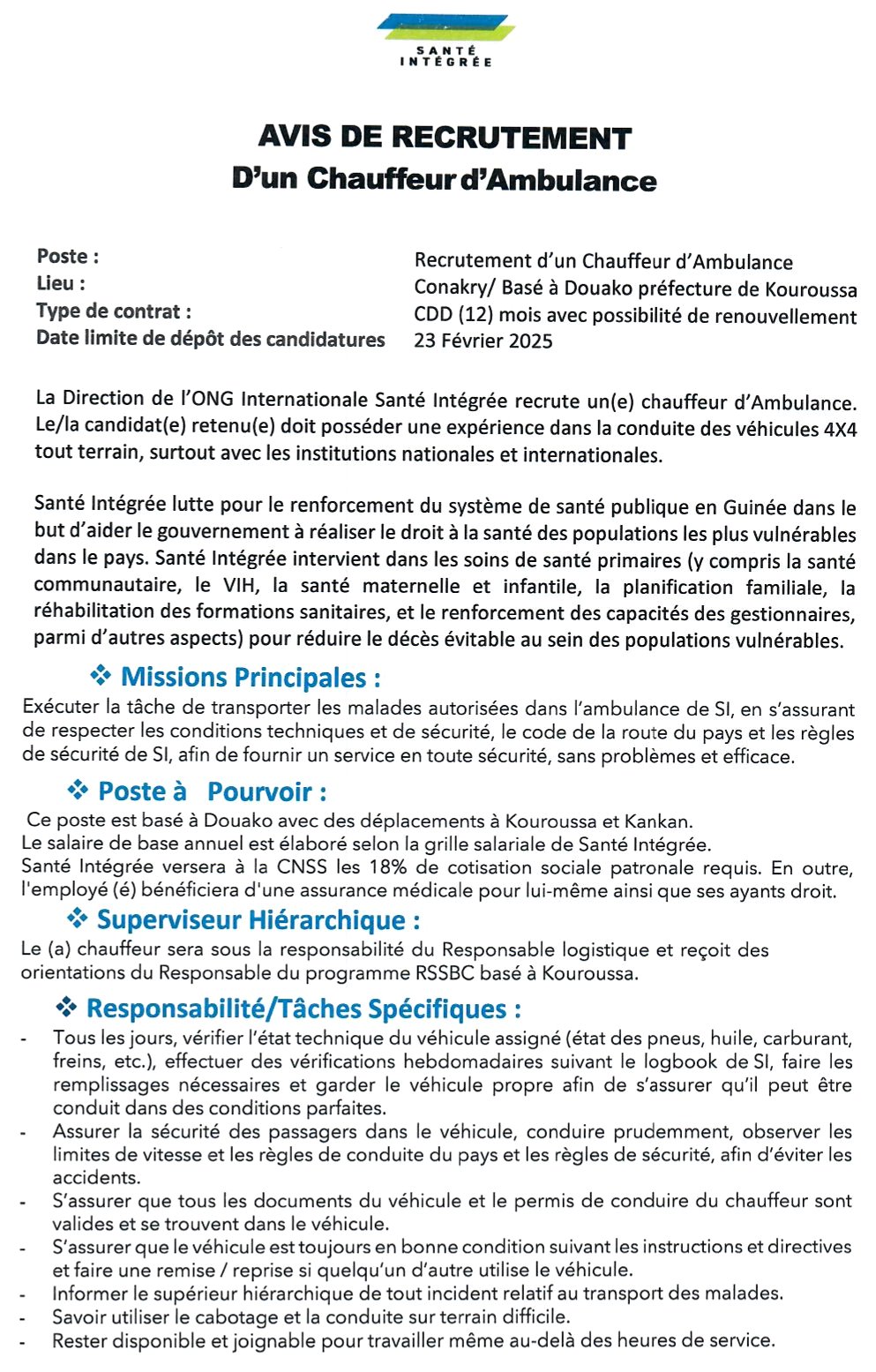 AVIS DE RECRUTEMENT D'un Chauffeur d'Ambulance | Page 1