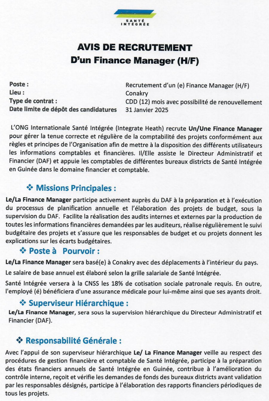 AVIS DE RECRUTEMENT D'UN FINANCE MANAGER | Page 1