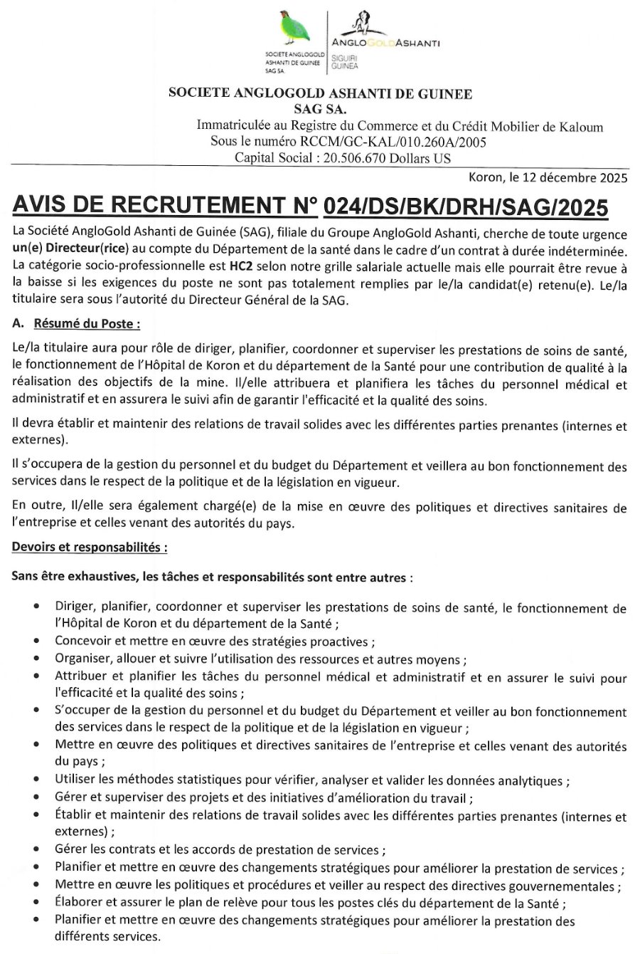 Recrutement D'un(e) Directeur(rice) Au Compte Du Département De La Santé | Page 1