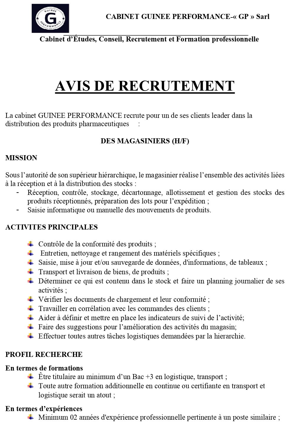 Avis De Recrutement Des Magasiniers (H/F) | page 1