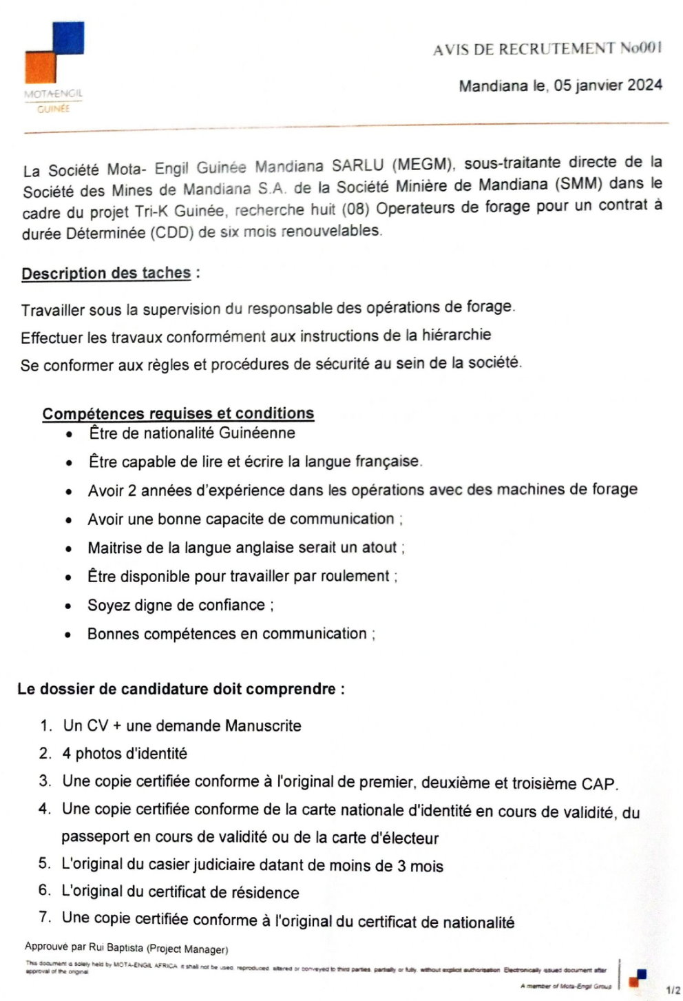 AVIS DE RECRUTEMENT DE 8 OPÉRATEURS DE FORAGES | Page 1