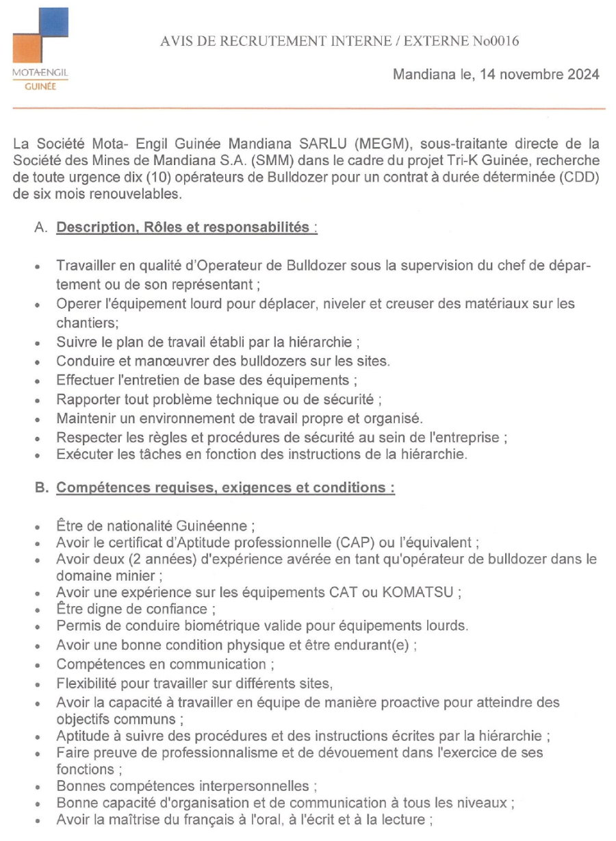 Avis de recrutement de dix (10) opérateurs de bulldozer pour un contrat à durée déterminée (cdd) | Page 1