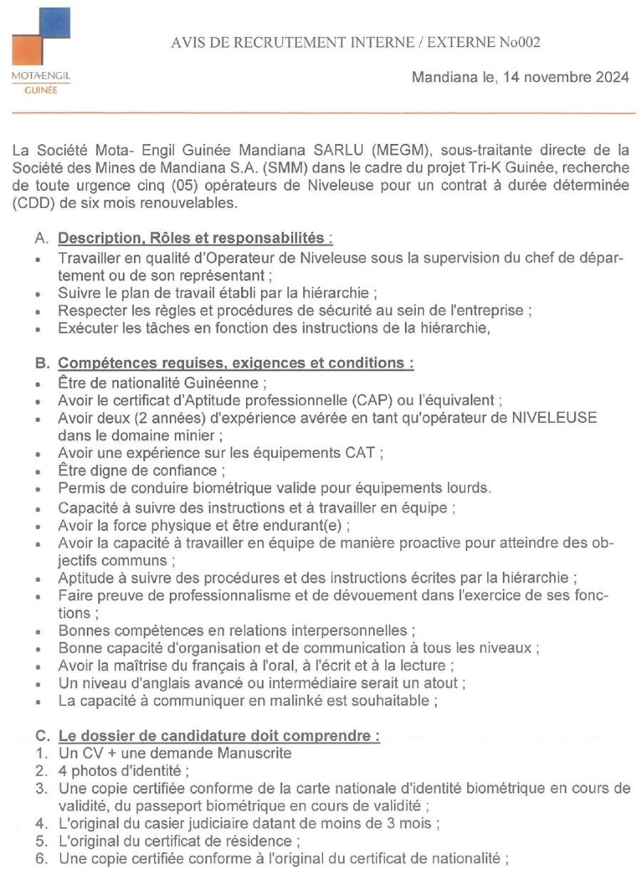 Avis de recrutement de cinq (05) opérateurs de niveleuse pour un contrat à durée déterminée (cdd) | Page 1