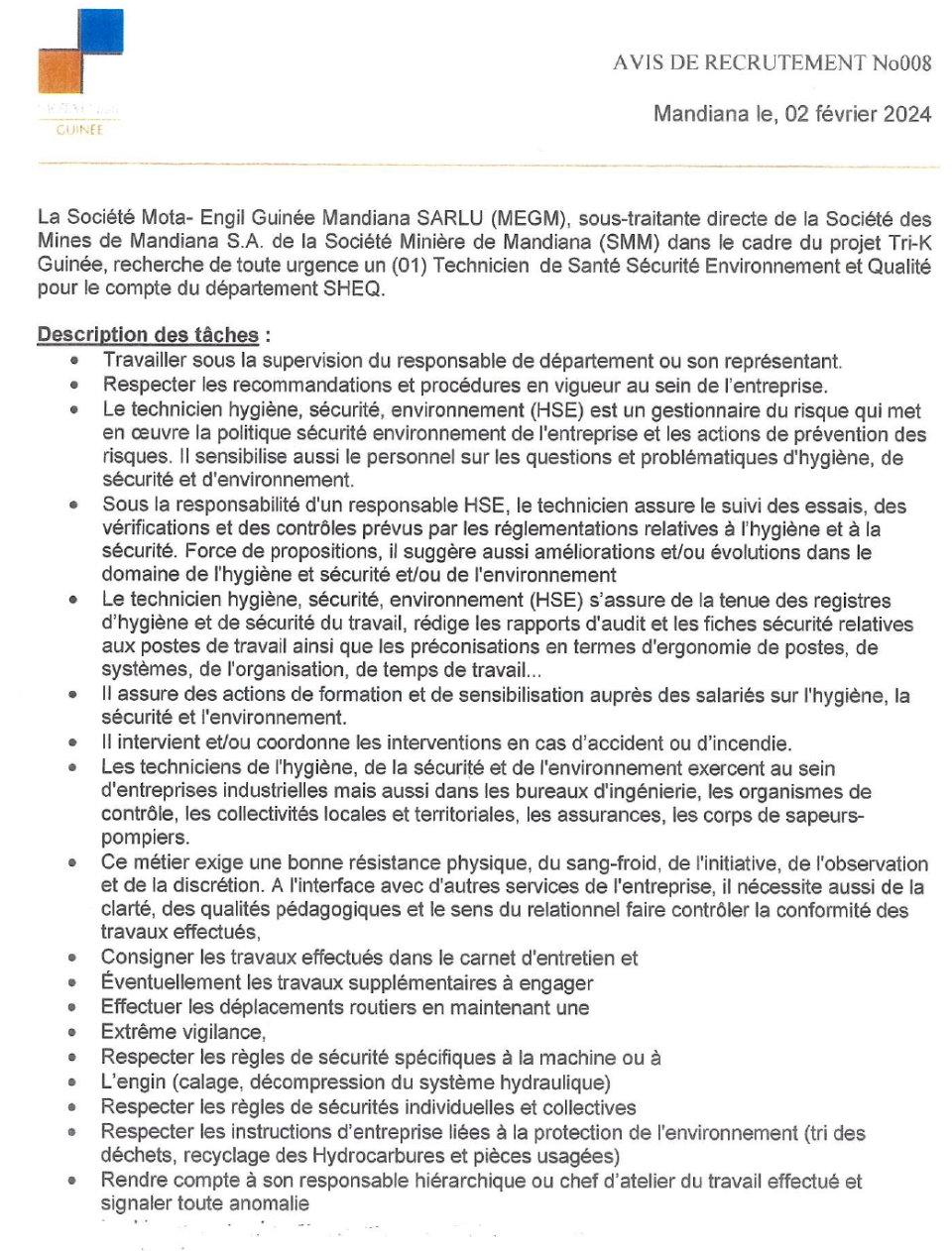 Avis de recrutement d'un (01) Technicien de Santé Sécurité Environnement et Qualité pour le compte du département SHEQ | Page 1