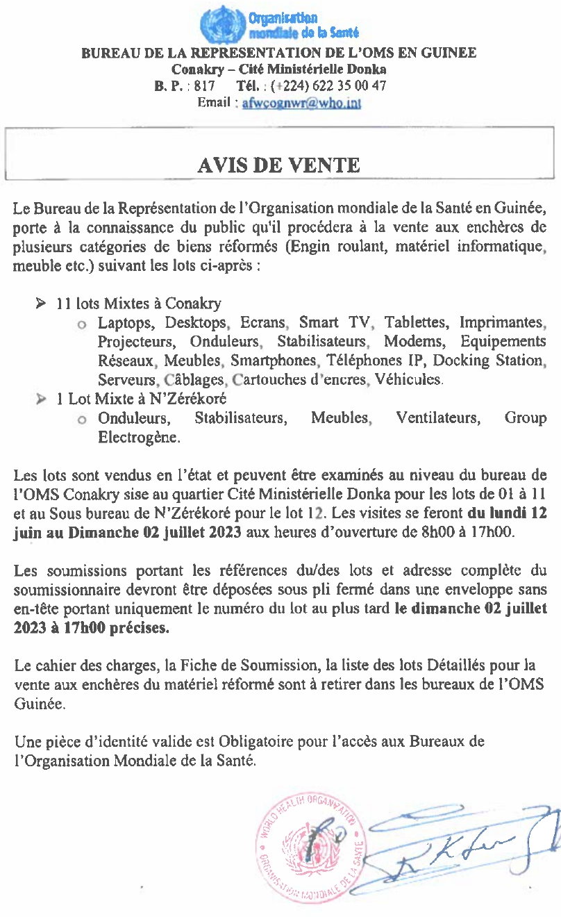  Avis De Vente aux enchères de plusieurs catégories de biens réformés (Engin roulant, matériel informatique, meuble etc.) | Page 1