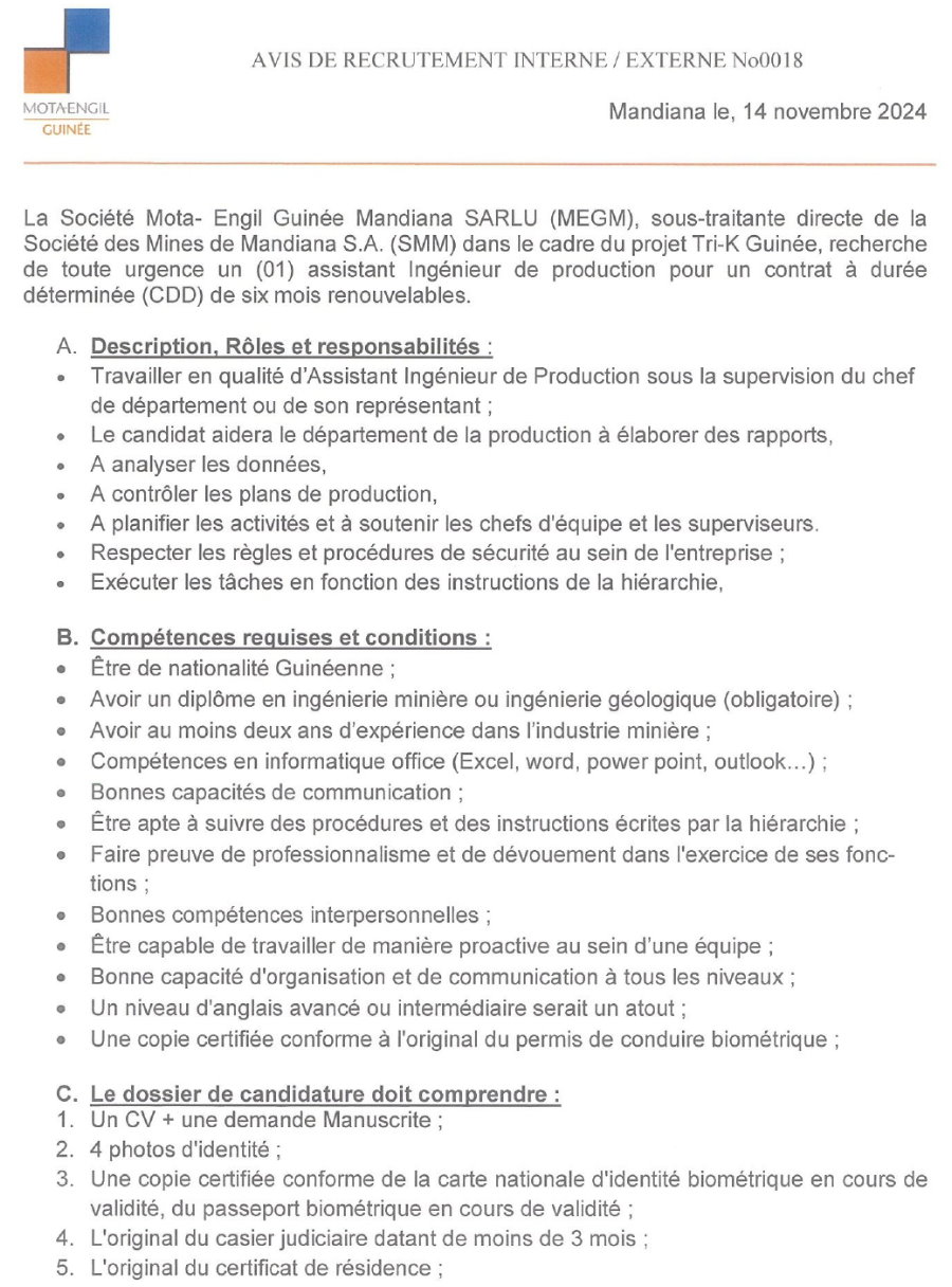 Avis de recrutement d'un (01) assistant ingénieur de production pour un contrat à durée déterminée (cdd) | Page 1