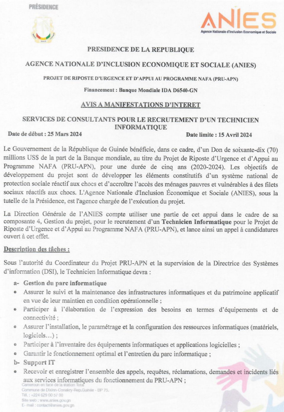 Avis A Manifestations D'intérêt Pour Des Services De Consultants Pour Le Recrutement D'un Technicien Informatique | Page 1