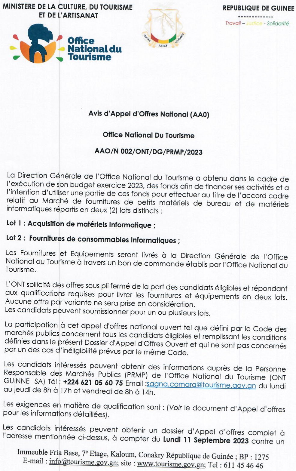 Avis d’Appel d’Offres National (AA0) relatif au Marché de fournitures de petits matériels de bureau et de matériels informatiques répartis en deux (2) lots distincts | page 1