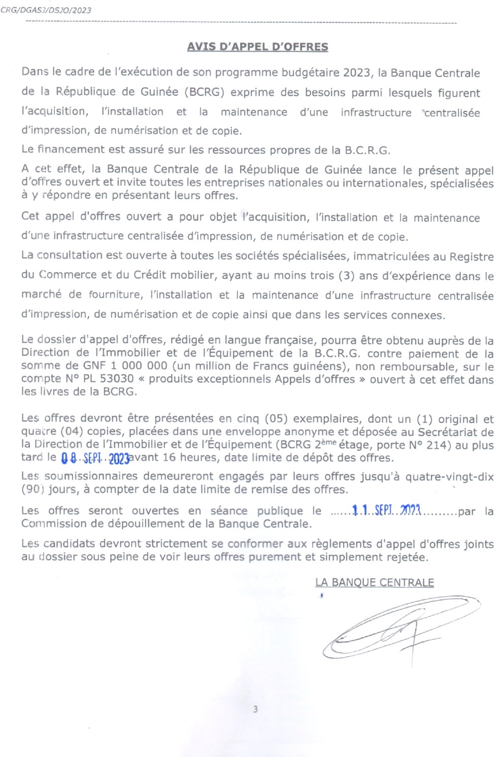 Avis d'appel d'offres pour l'acquisition, l'installation et la maintenance d'une infrastructure 'centralisée d'impression, de numérisation et de copie