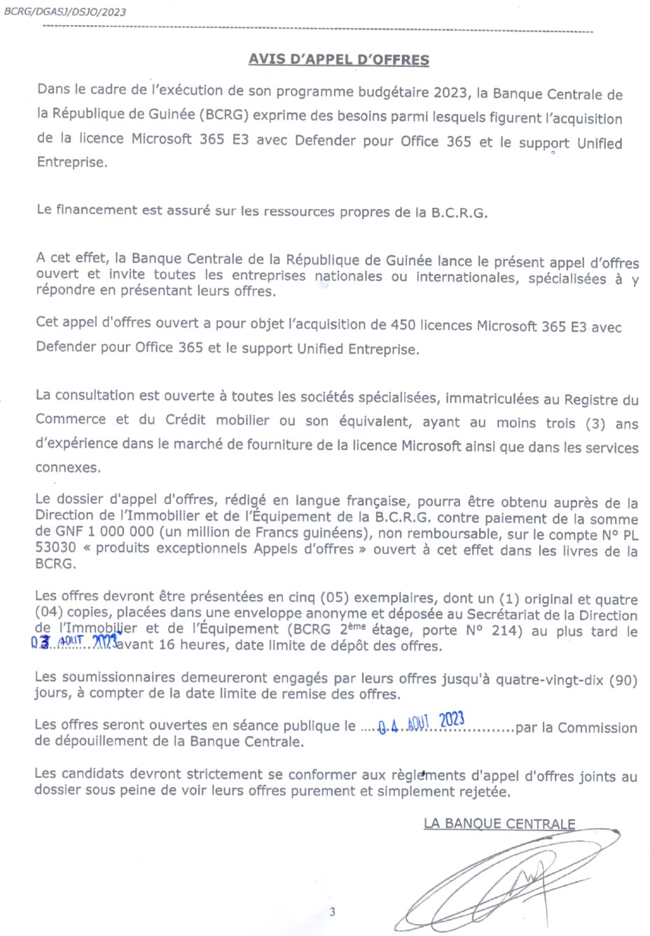 Avis d'appel d'offres pour l'acquisition de 450 licences Microsoft 365 E3 avec Defender pour Office 365 et le support Unified Entreprise