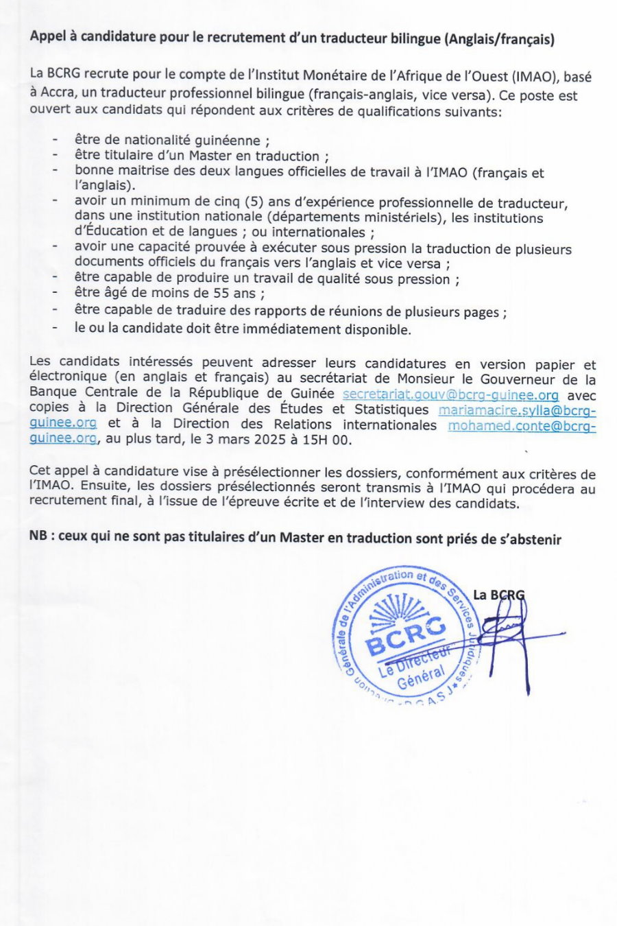 Appel à candidature pour le recrutement d'un traducteur bilingue (Anglais/français) | Page 1