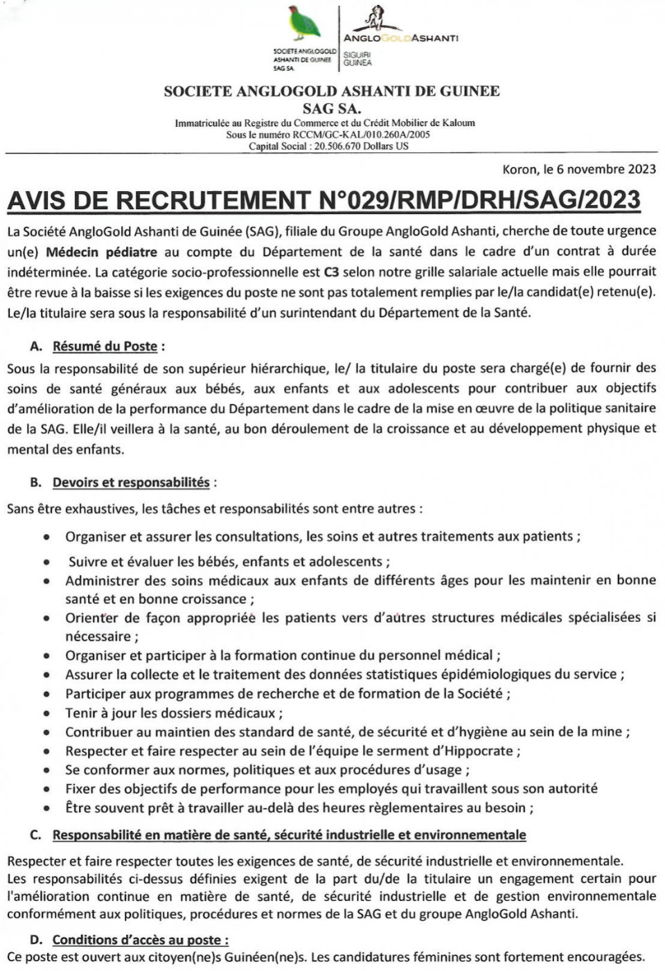 Avis de recrutement d'un(e) Médecin pédiatre au compte du Département de la santé dans le cadre d’un contrat à durée indéterminée | Page 1