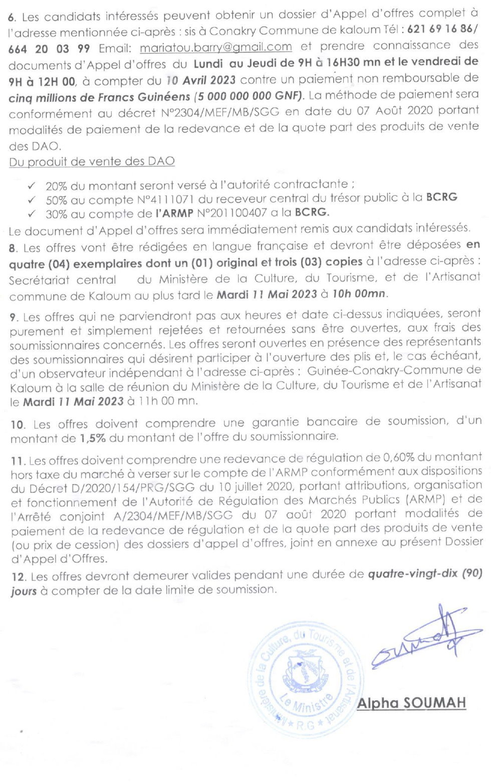 Marché de travaux de réhabilitation, d'extension et d'aménagement du site le voile de la mariée dans la préfecture de Kindia | Page 2