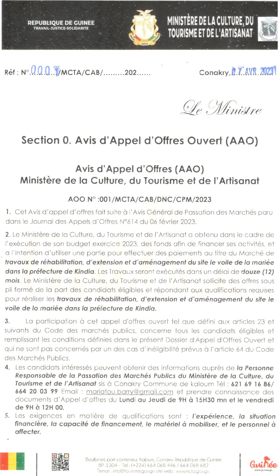 Marché de travaux de réhabilitation, d'extension et d'aménagement du site le voile de la mariée dans la préfecture de Kindia | Page 1