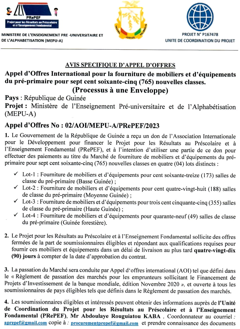 Appel d’Offres International pour la fourniture de mobiliers et d’équipements du pré-primaire pour sept cent soixante-cinq (765) nouvelles classes. (Processus à une Enveloppe) | page 1
