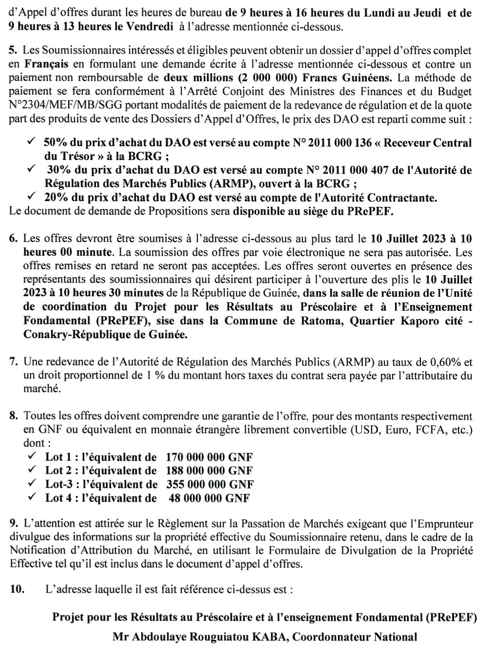 Appel d’Offres International pour la fourniture de mobiliers et d’équipements du pré-primaire pour sept cent soixante-cinq (765) nouvelles classes. (Processus à une Enveloppe) | page 2
