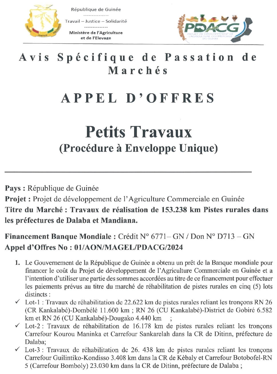 Travaux de réalisation de 153.238 km Pistes rurales dans les préfectures de Dalaba et Mandiana | Page 1