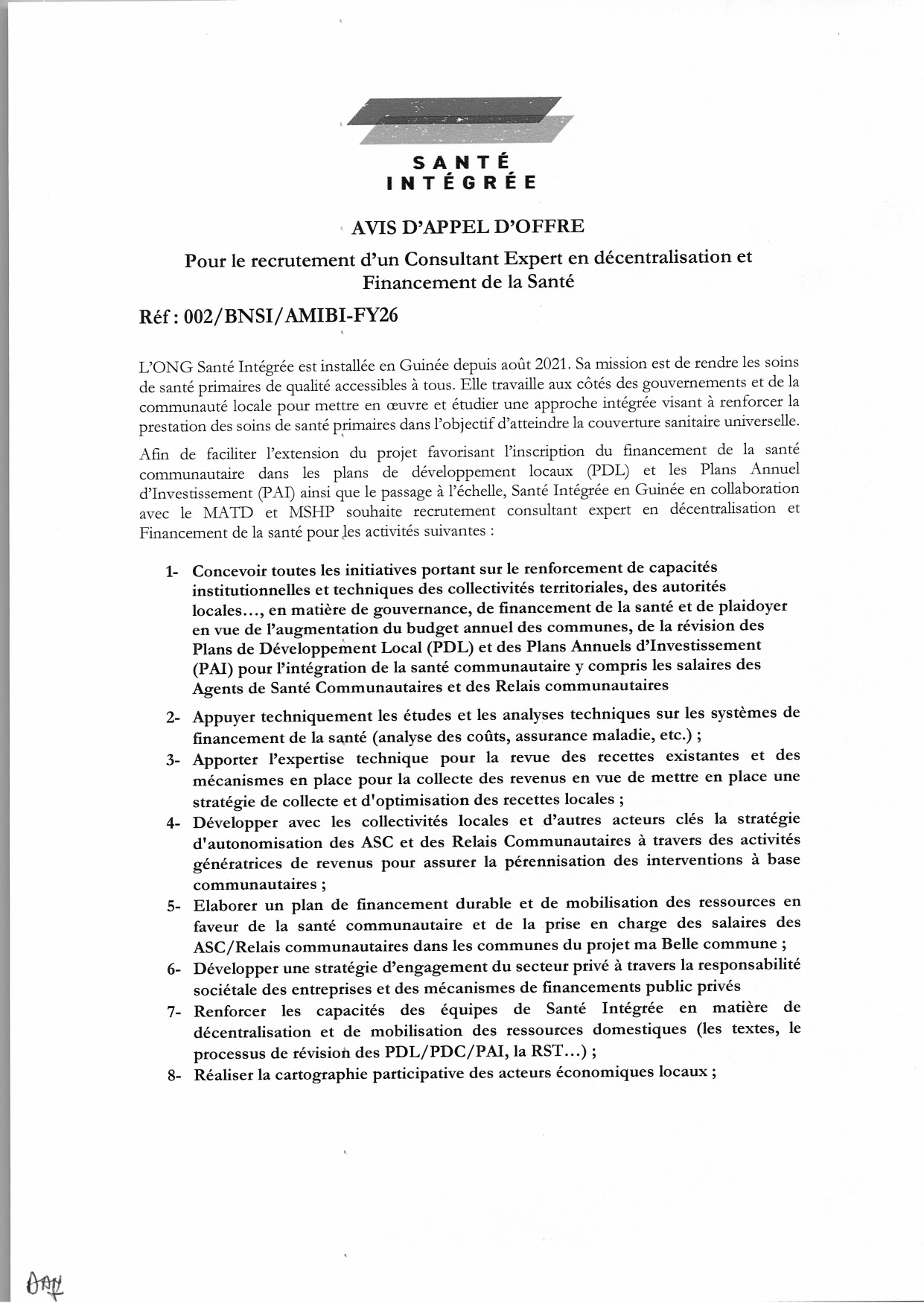 Pour le recrutement d'un Consultant Expert en décentralisation et Financement de la Santé | Page 1