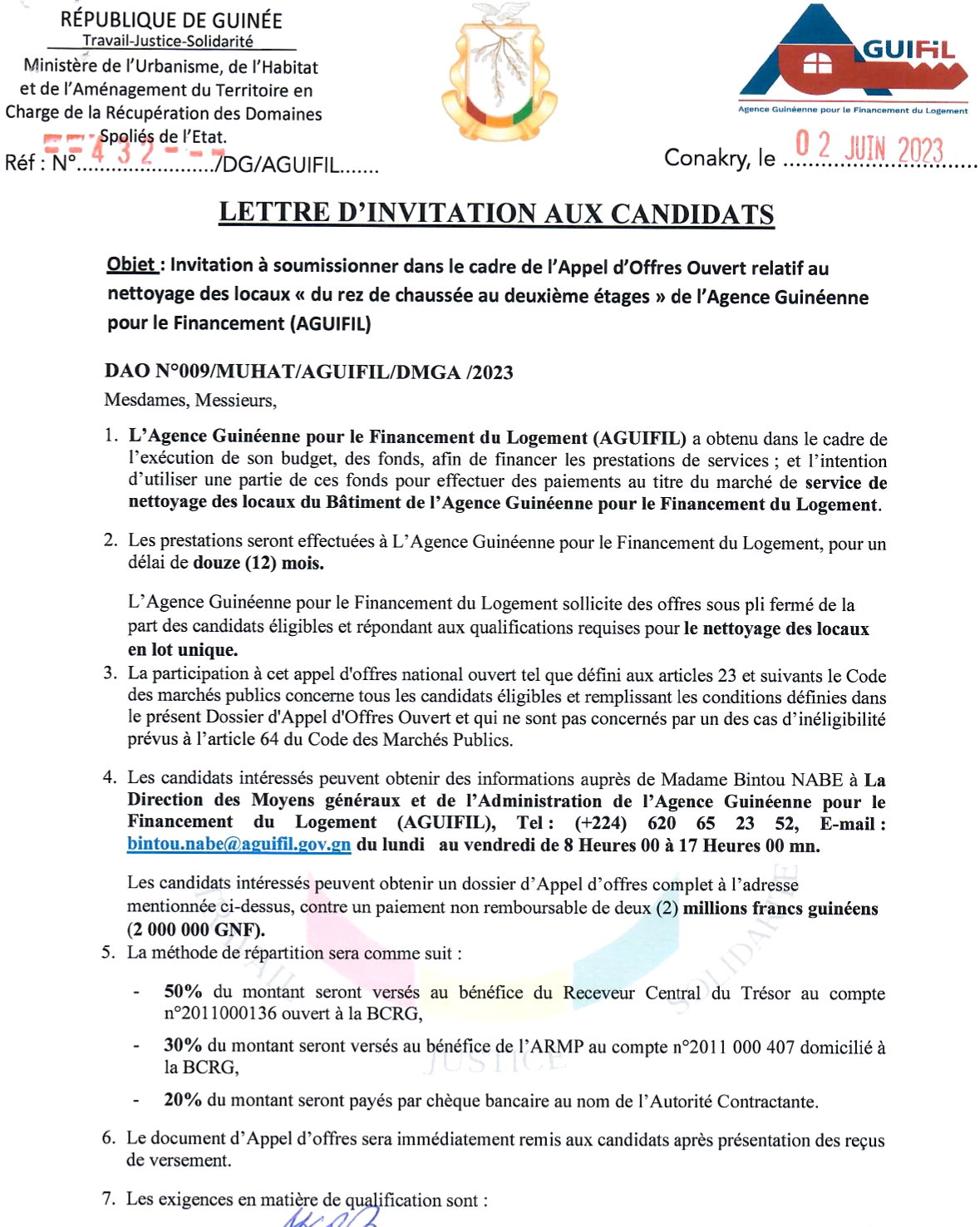  Invitation à soumissionner dans le cadre de l’Appel d’Offres Ouvert relatif au nettoyage des locaux « du rez de chaussée au deuxième étages » de l’Agence Guinéenne pour le Financement (AGUIFIL)  | Page 1