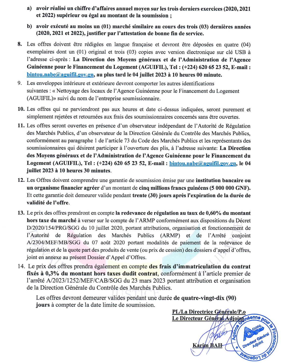  Invitation à soumissionner dans le cadre de l’Appel d’Offres Ouvert relatif au nettoyage des locaux « du rez de chaussée au deuxième étages » de l’Agence Guinéenne pour le Financement (AGUIFIL)  | Page 2