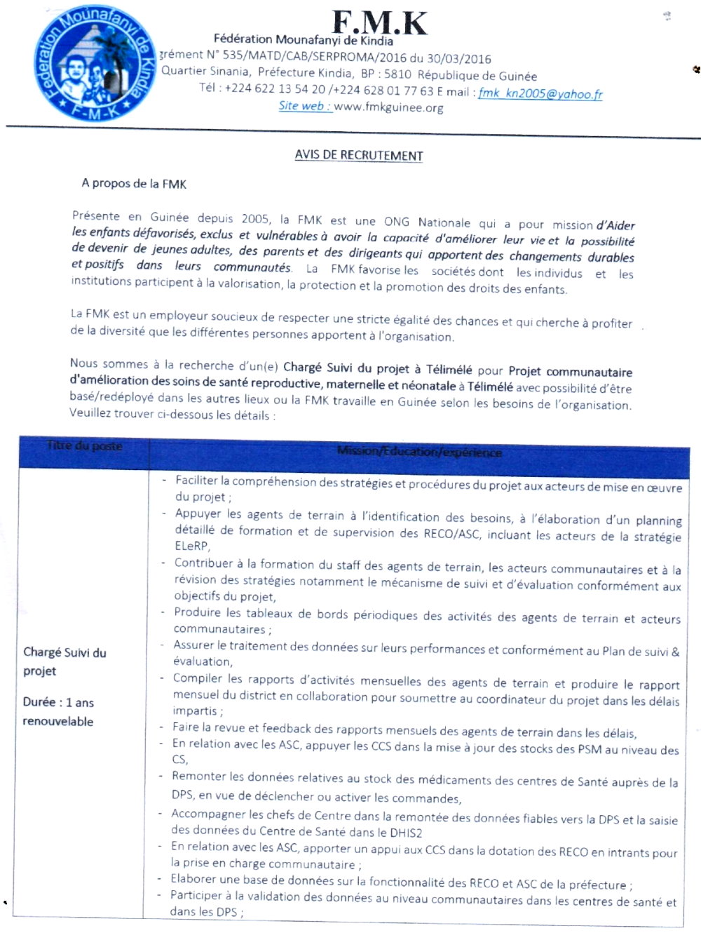 Avis de recrutement d'un(e) Chargé Suivi du projet à Télimélé  | Page 1