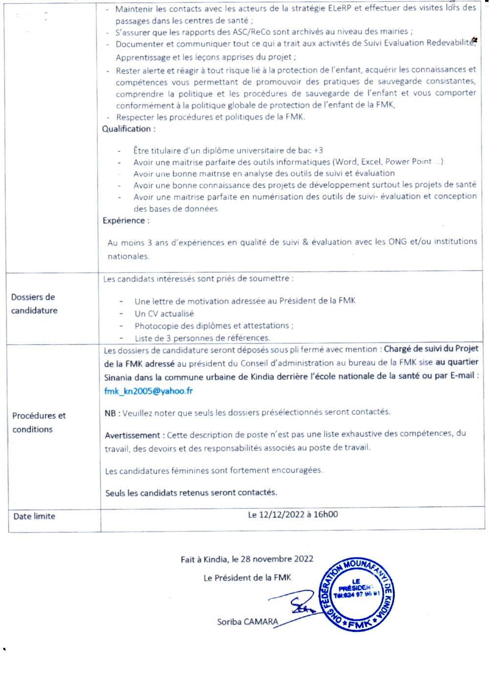 Avis de recrutement d'un(e) Chargé Suivi du projet à Télimélé  | Page 2