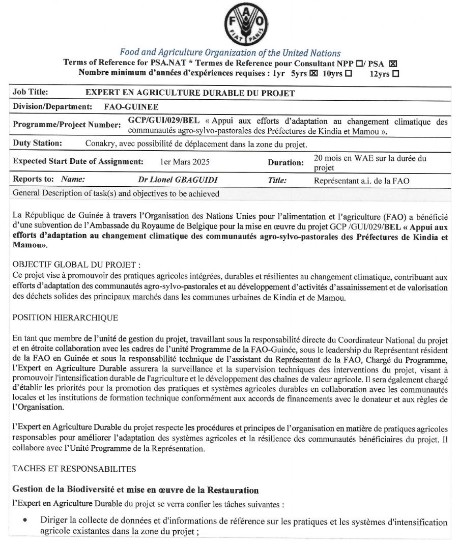 Avis de recrutement d'un expert en agriculture durable du projet | Page 1