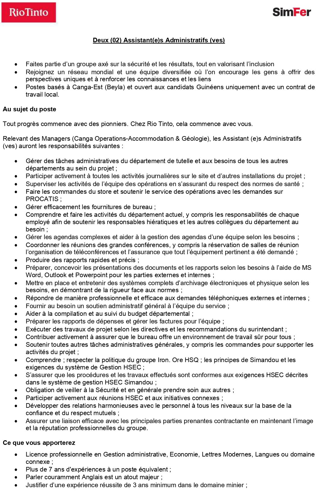 Deux (02) Assistant(e)s Administratifs (ves) | page 1