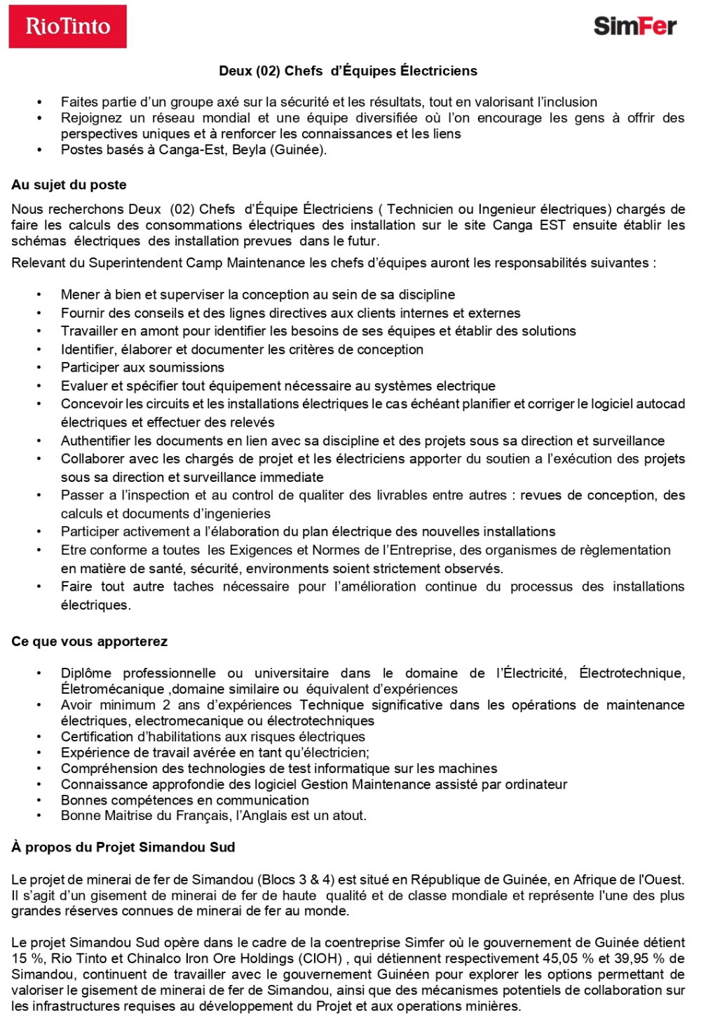 Recrutement De Deux (02) Chefs d’Équipes Électriciens | page 1