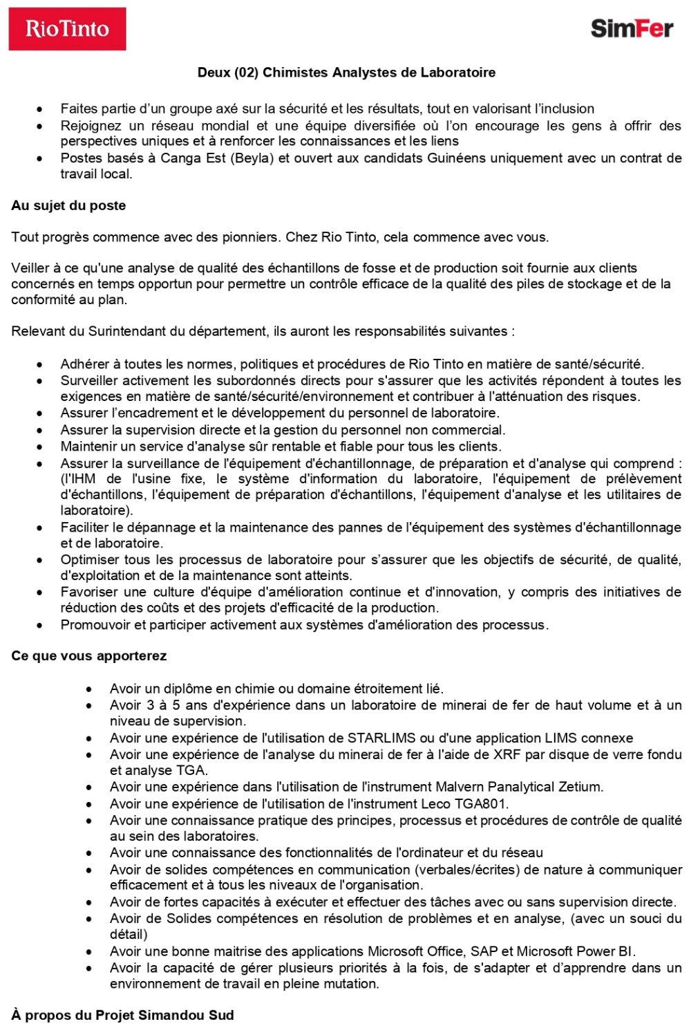 Deux (02) Chimistes Analystes de Laboratoire | page 1