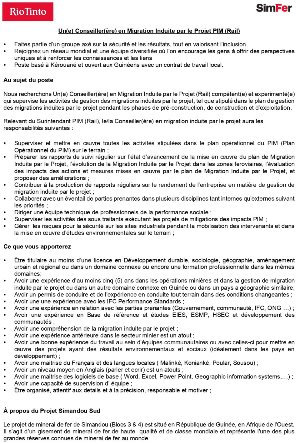 Avis de recrutement d'Un(e) Conseiller(ère) en Migration Induite par le Projet PIM (Rail) | page 1