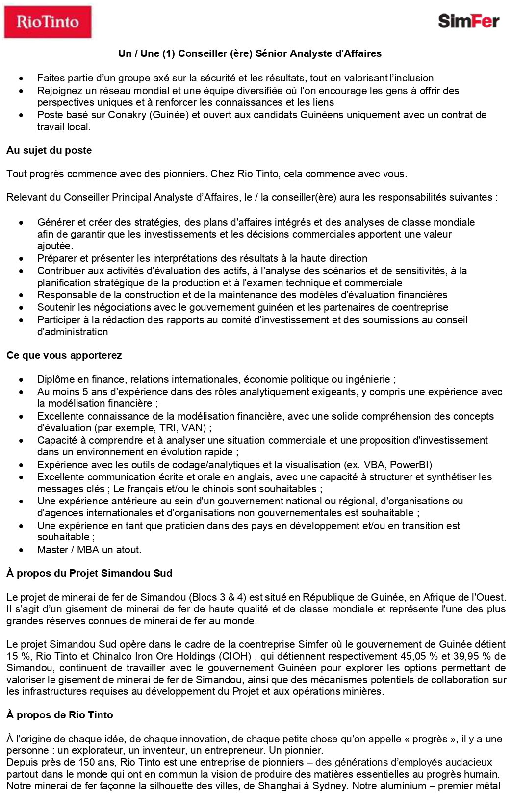 Un / Une (1) Conseiller (ère) Sénior Analyste d'Affaires | page 1