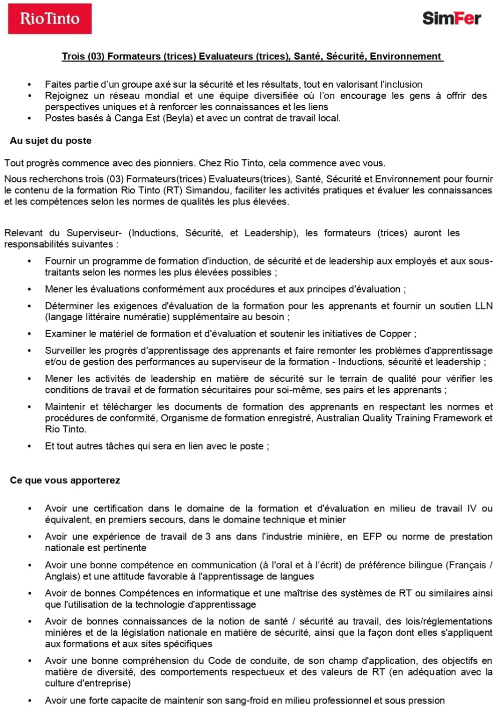 Trois (03) Formateurs (trices) Evaluateurs (trices), Santé, Sécurité, Environnement | Page 1