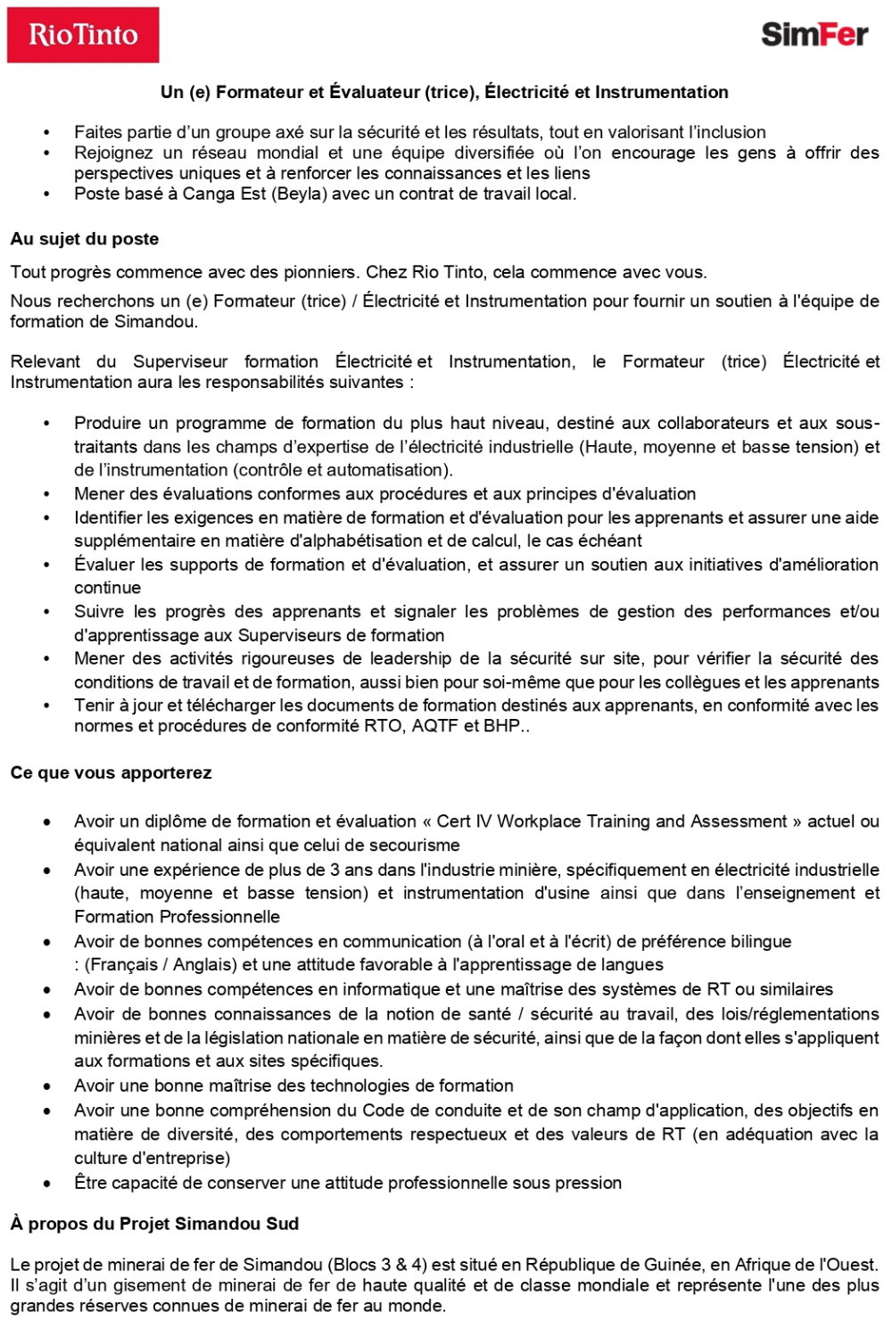 Un (e) Formateur et Évaluateur (trice), Électricité et Instrumentation | Page 1