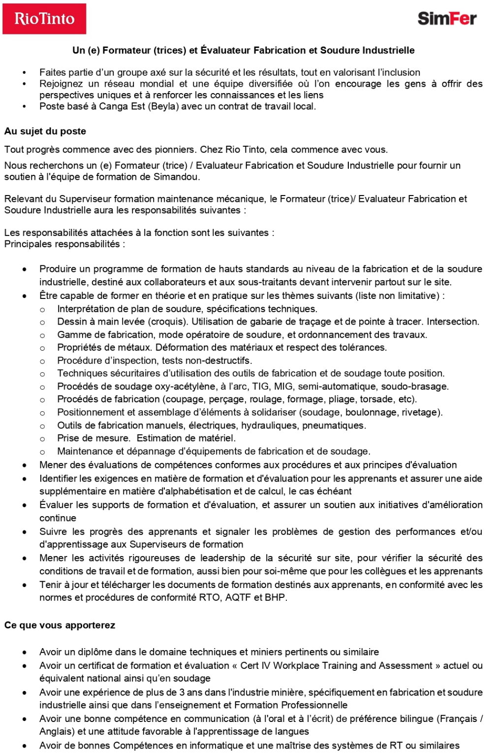 Un (e) Formateur (trices) et Évaluateur Fabrication et Soudure Industrielle | page 1