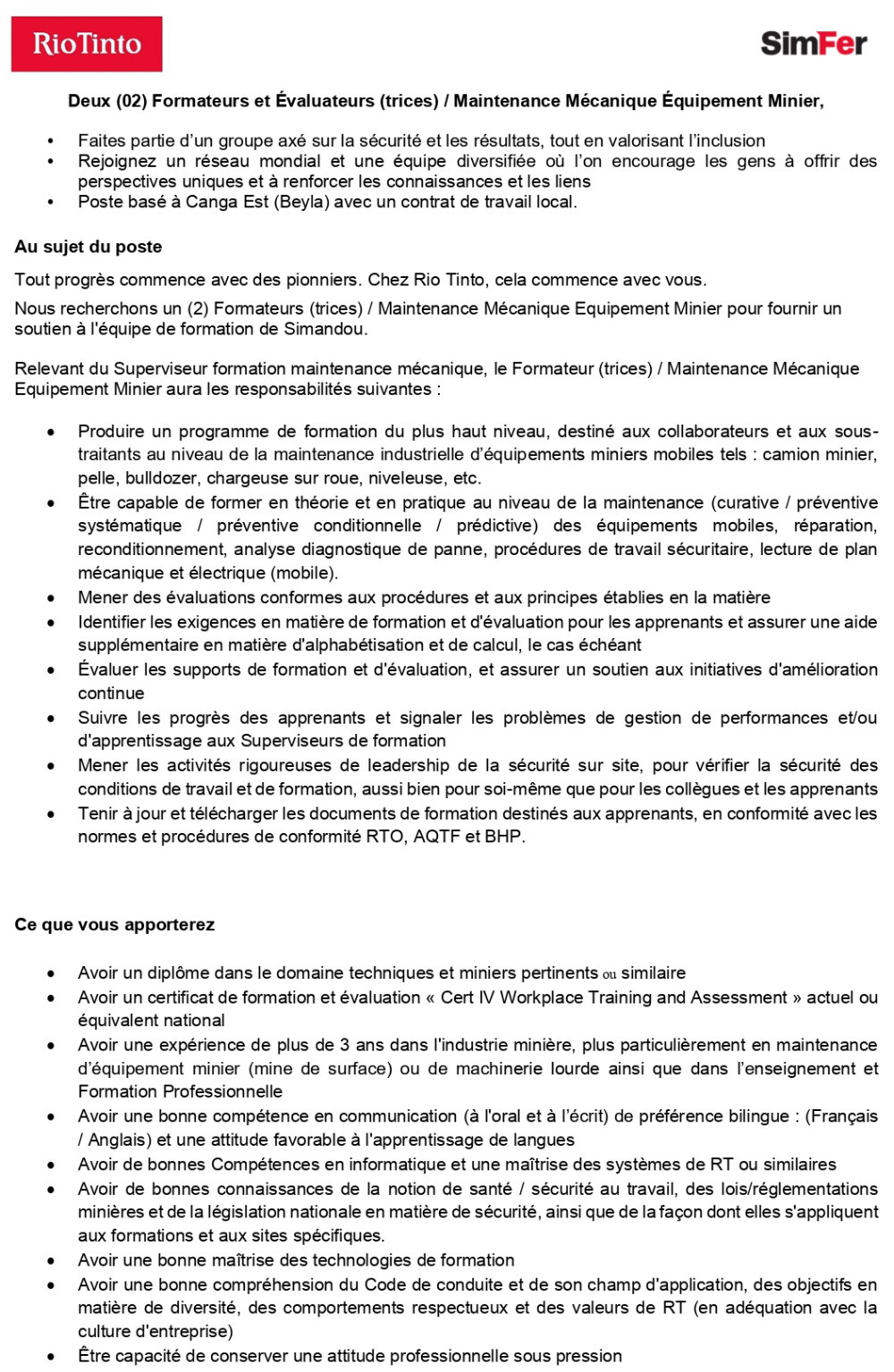 Deux (02) Formateurs et Évaluateurs (trices) / Maintenance Mécanique Équipement Minier | Page 1
